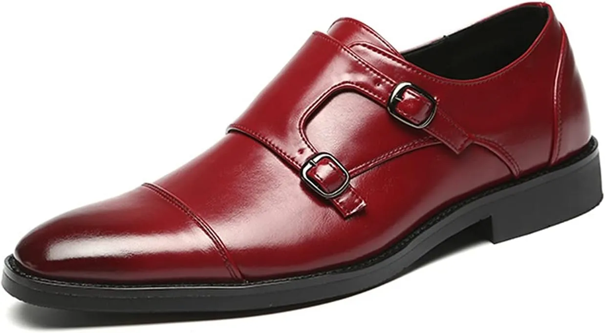 Dress Oxford for Men Slip On Monk Strap Cap Toe Black Burnished Toe PU Leather Non Slip Low Top Block Heel Anti-Slip Casual(Red,10 M US)