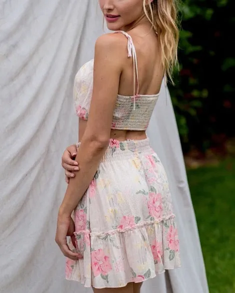 Floral Smock Back Tiered Tie Strap Crop Top