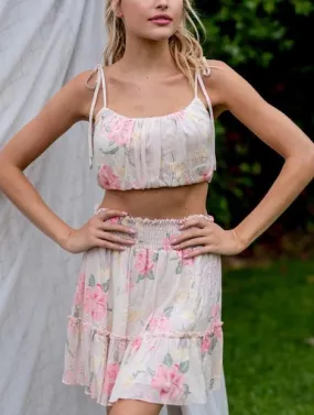 Floral Smock Back Tiered Tie Strap Crop Top
