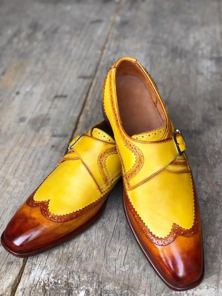 Handmade Men's Two Tone Yellow Brown Leather Wing Tip  Monk Strap Shoes, Men Designer Dress Formal Luxury Shoes