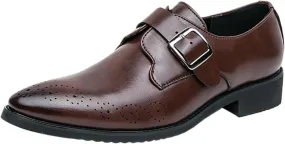 Men's Leather Monk Buckle Low Heel Dress Oxford Shoes Retro Round Toe Wing Tip Buckle Slip-On Flat Business Derby Shoes for Driving Office Work