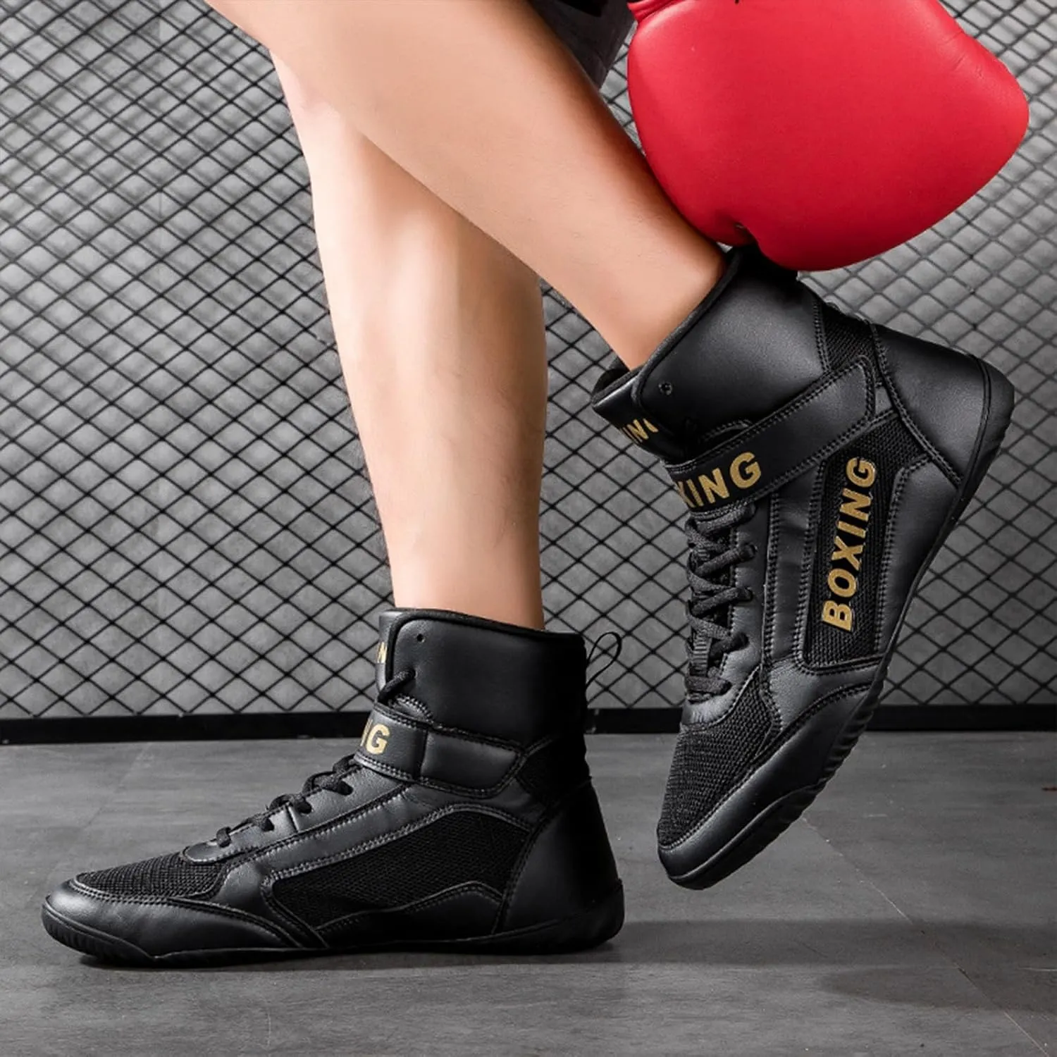 Mens Wrestling Shoes for Boxing Lightweight High Top Fitness Sneakers Kickboxing Shoes for Weightlifting Powerlifting