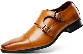 Oxford Dress Shoes for Men Slip On Double Monk Strap Cap Toe Square Toe Leather Slip Resistant Rubber Sole Block Heel Low Top Outdoor