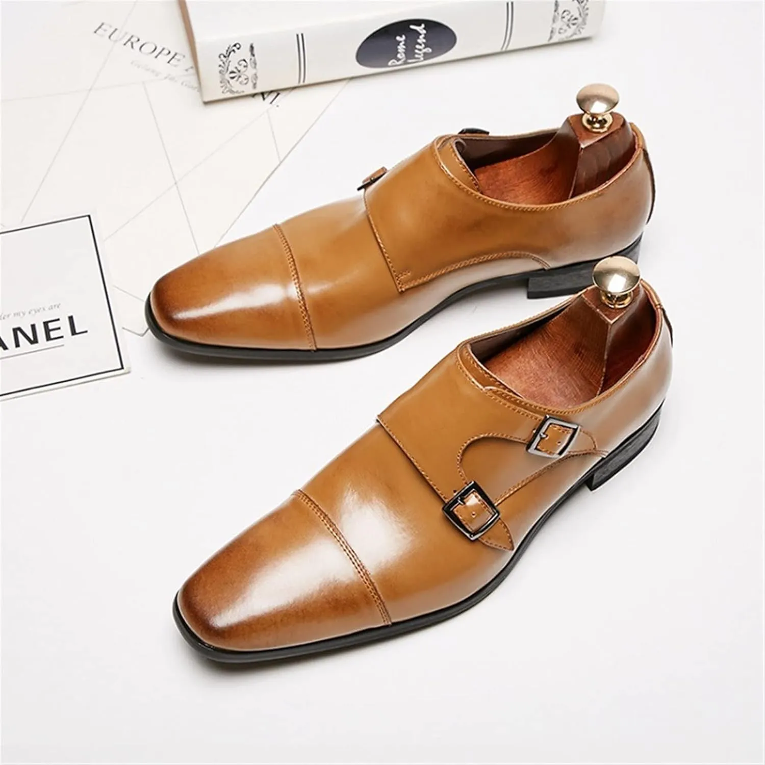 Oxford Dress Shoes for Men Slip On Double Monk Strap Cap Toe Square Toe Leather Slip Resistant Rubber Sole Block Heel Low Top Outdoor