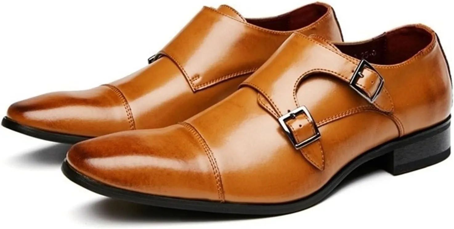 Oxford Dress Shoes for Men Slip On Double Monk Strap Cap Toe Square Toe Leather Slip Resistant Rubber Sole Block Heel Low Top Outdoor