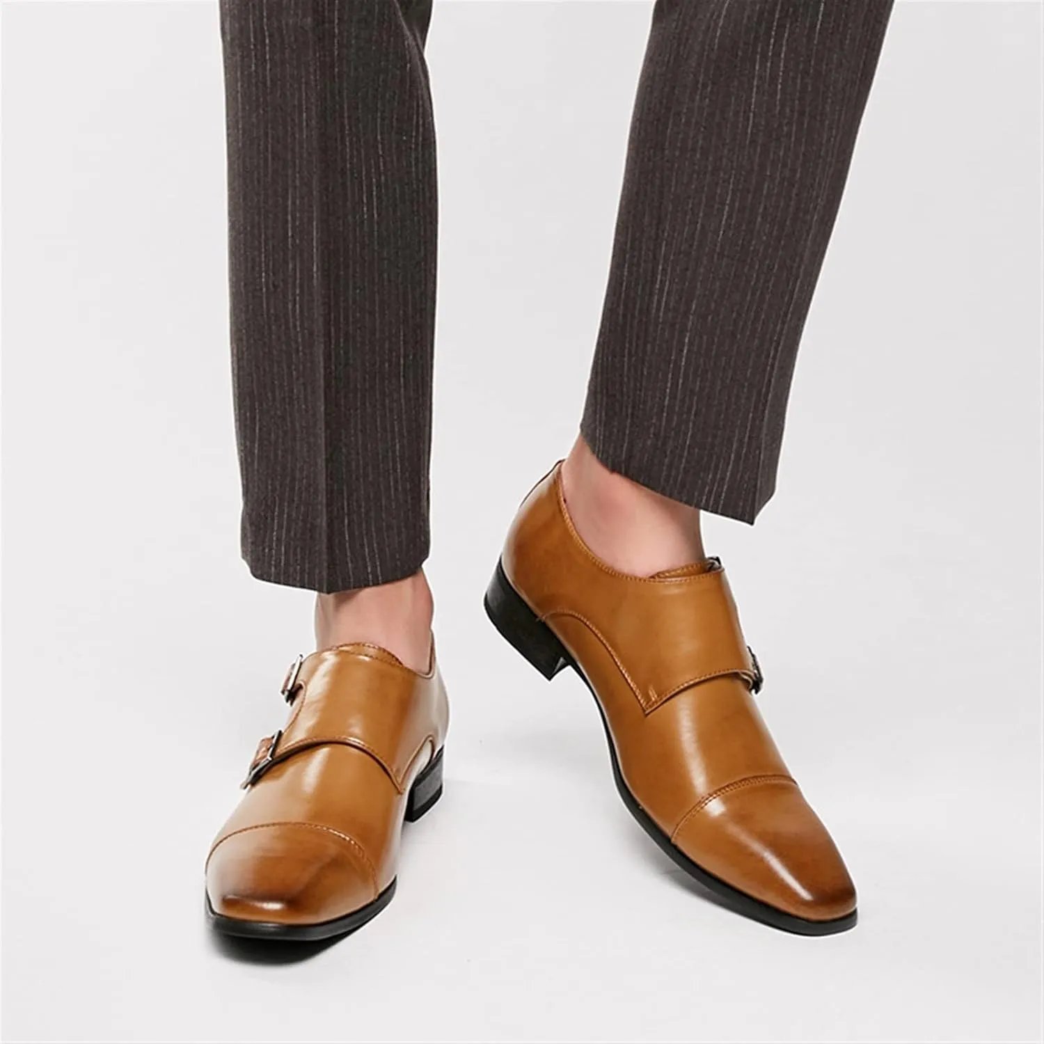 Oxford Dress Shoes for Men Slip On Double Monk Strap Cap Toe Square Toe Leather Slip Resistant Rubber Sole Block Heel Low Top Outdoor