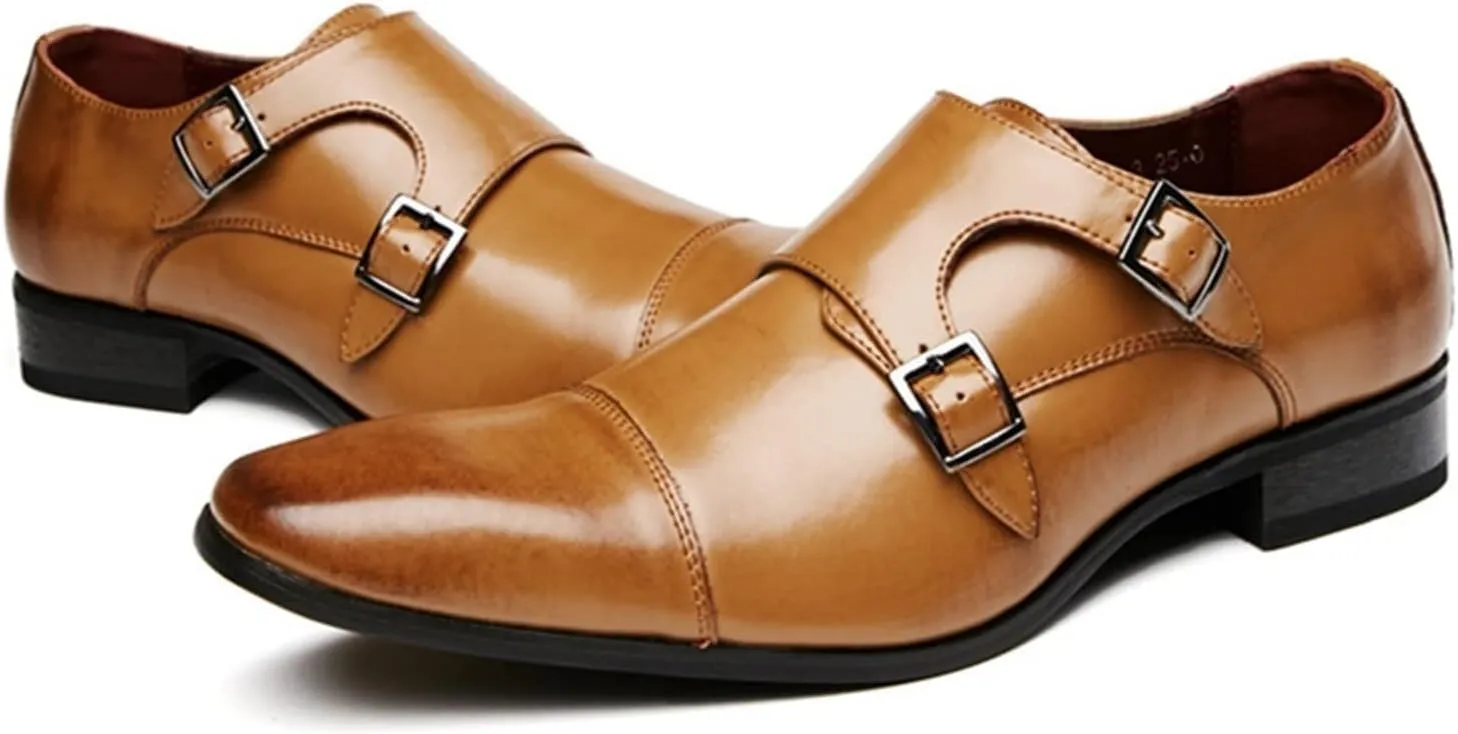 Oxford Dress Shoes for Men Slip On Double Monk Strap Cap Toe Square Toe Leather Slip Resistant Rubber Sole Block Heel Low Top Outdoor