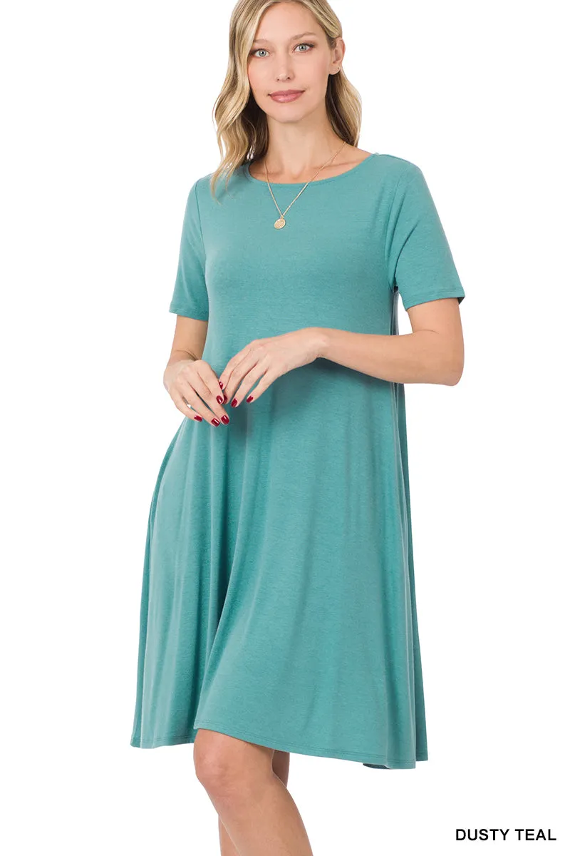 Plus Size Short Sleeve Flared T-Shirt Midi Dress with Side Pockets