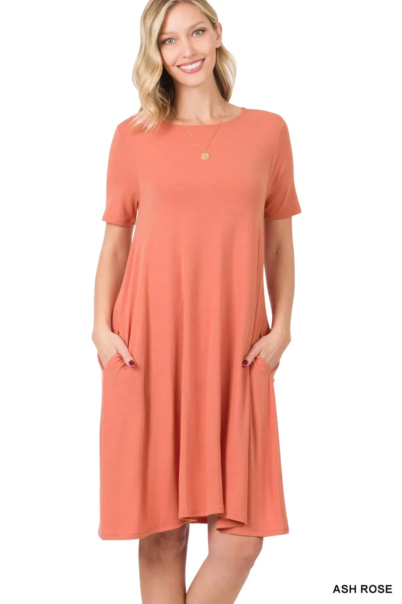 Plus Size Short Sleeve Flared T-Shirt Midi Dress with Side Pockets