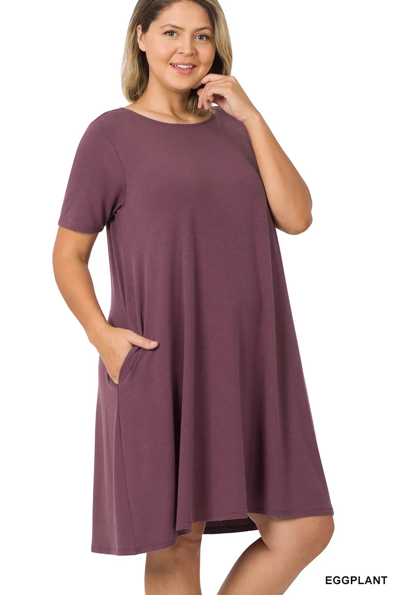 Plus Size Short Sleeve Flared T-Shirt Midi Dress with Side Pockets