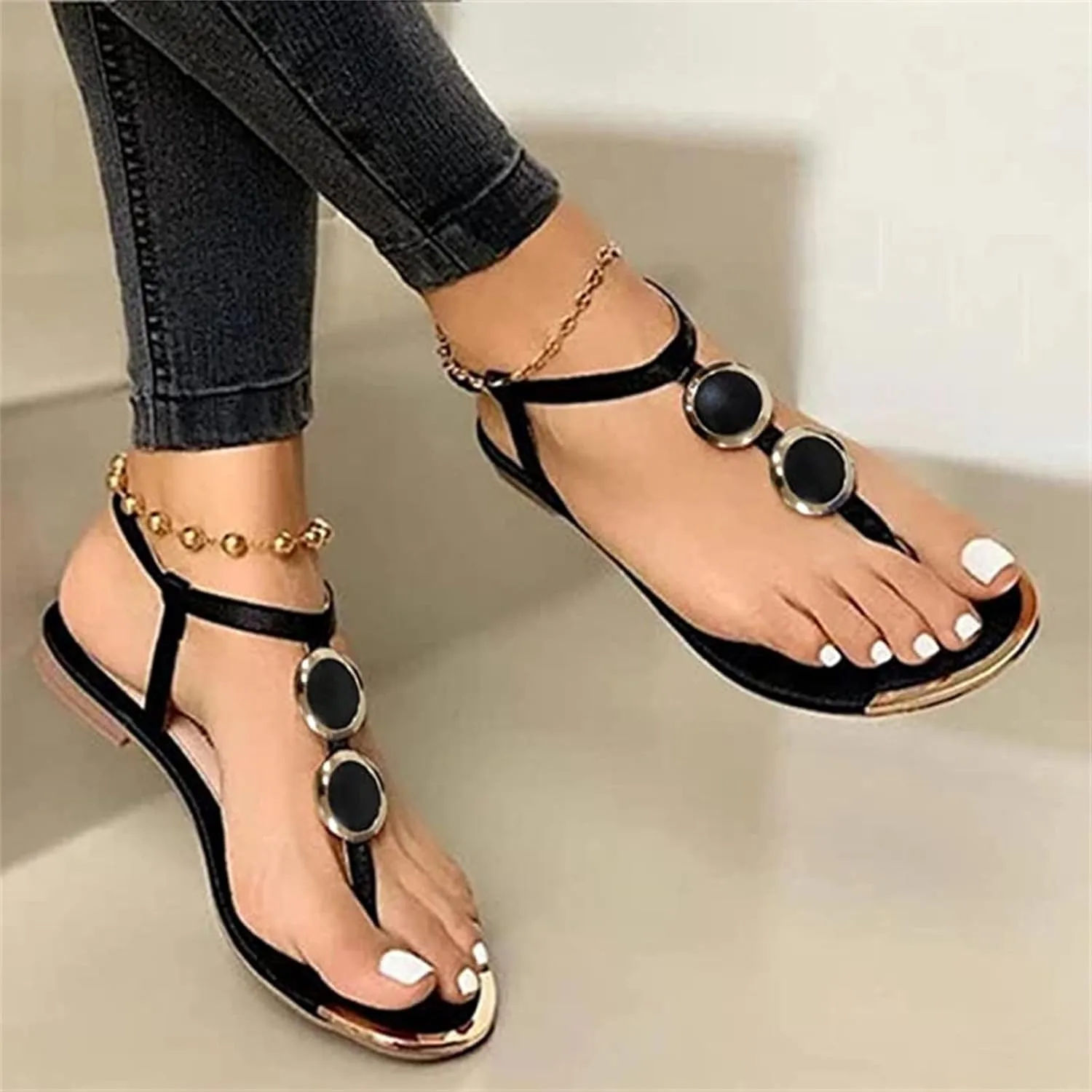 Women's Summer Sandals,Women Casual Summer Beaded T-Strap Flip Flops Clip Toe Comfy Beach Gladiator Flat Shoes Sandals